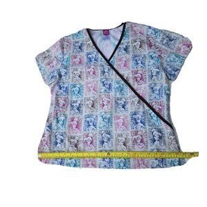 Disney World Tinkerbell Postcard Print Scrub Top Womens SzM Nurse Vet Healthcare